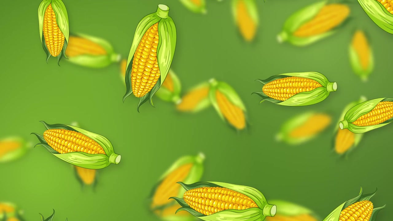Stylized corn cobs fall and rotate against a vibrant green mesh gradient background.