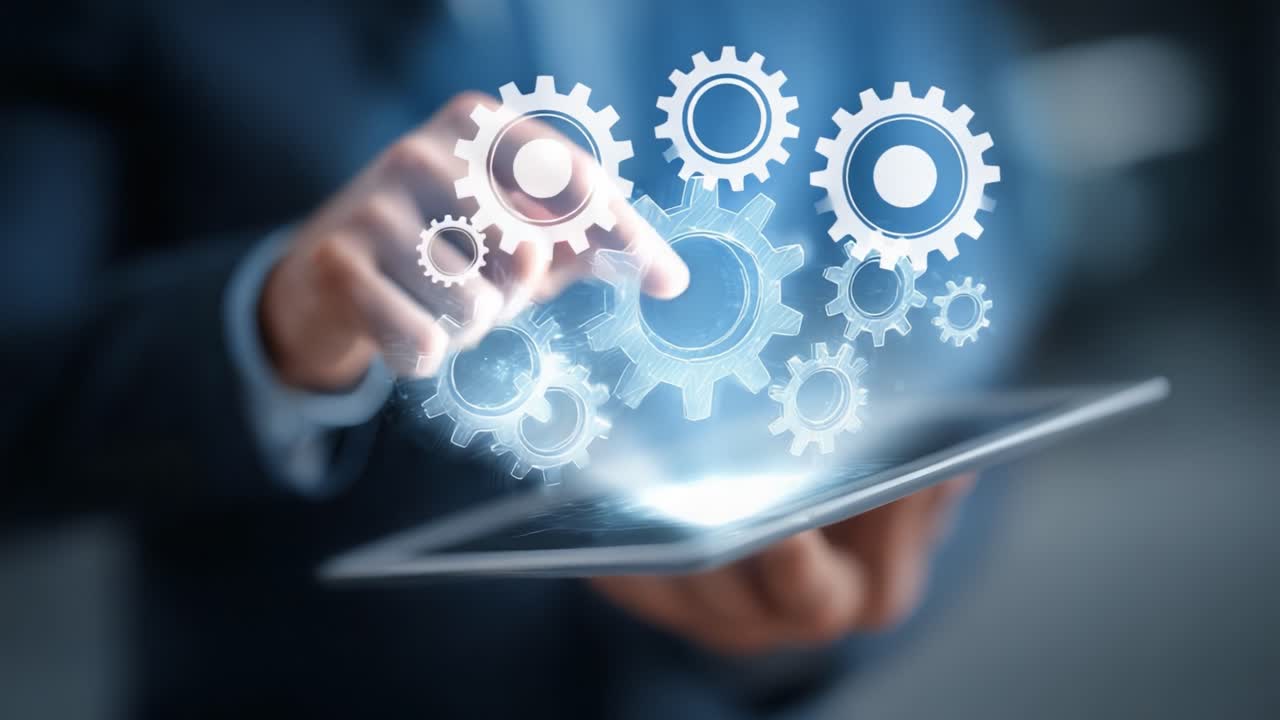A professional adjusting virtual gears on a tablet, showcasing the concept of technology integration and automation in modern business processes