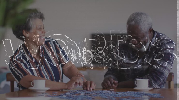 Vibes text over glitch effect against african american senior couple smiling while playing puzzle