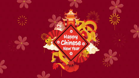 animación de feliz año nuevo chino ext sobre linternas y patrón chino en fondo rojo