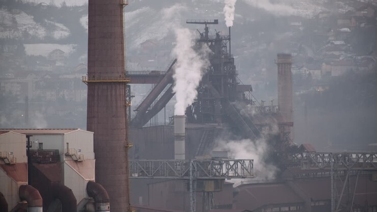Industrial smokestacks emit plumes of smoke, with a backdrop of a snowy hillside and urban landscape