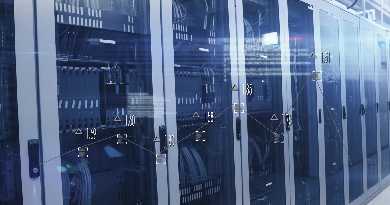 Animation of light spots and data processing against computer server room