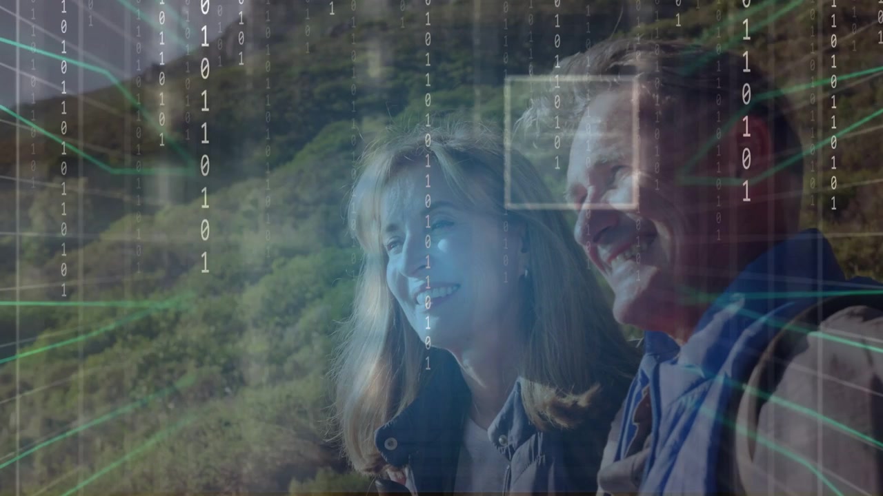 Couple standing sunlit-hill 3D grid fading in leading face boxes scanning binary waves feeding AI