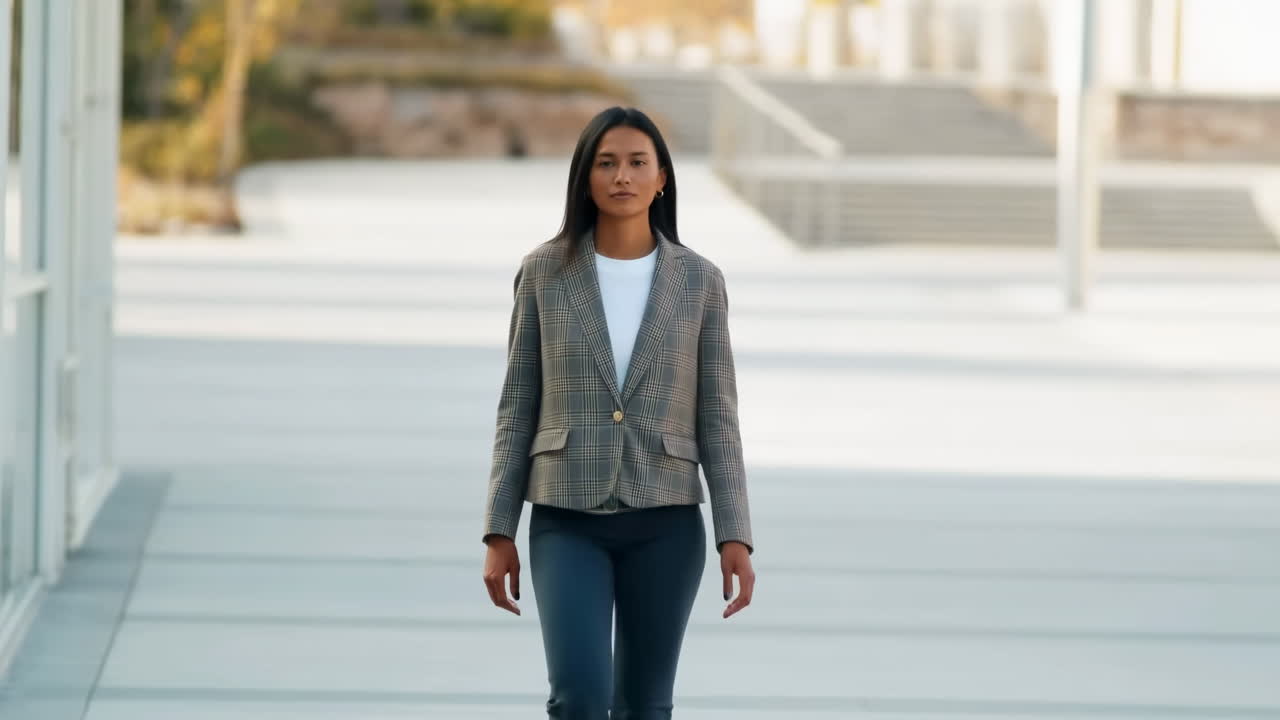 Modern Meydanda Yürüyen Kendinden Emin Kadın, Özel Dikim Blazer Ve Kot Pantolon Giymiş, Kameraya Doğru Kararlı Adımlar