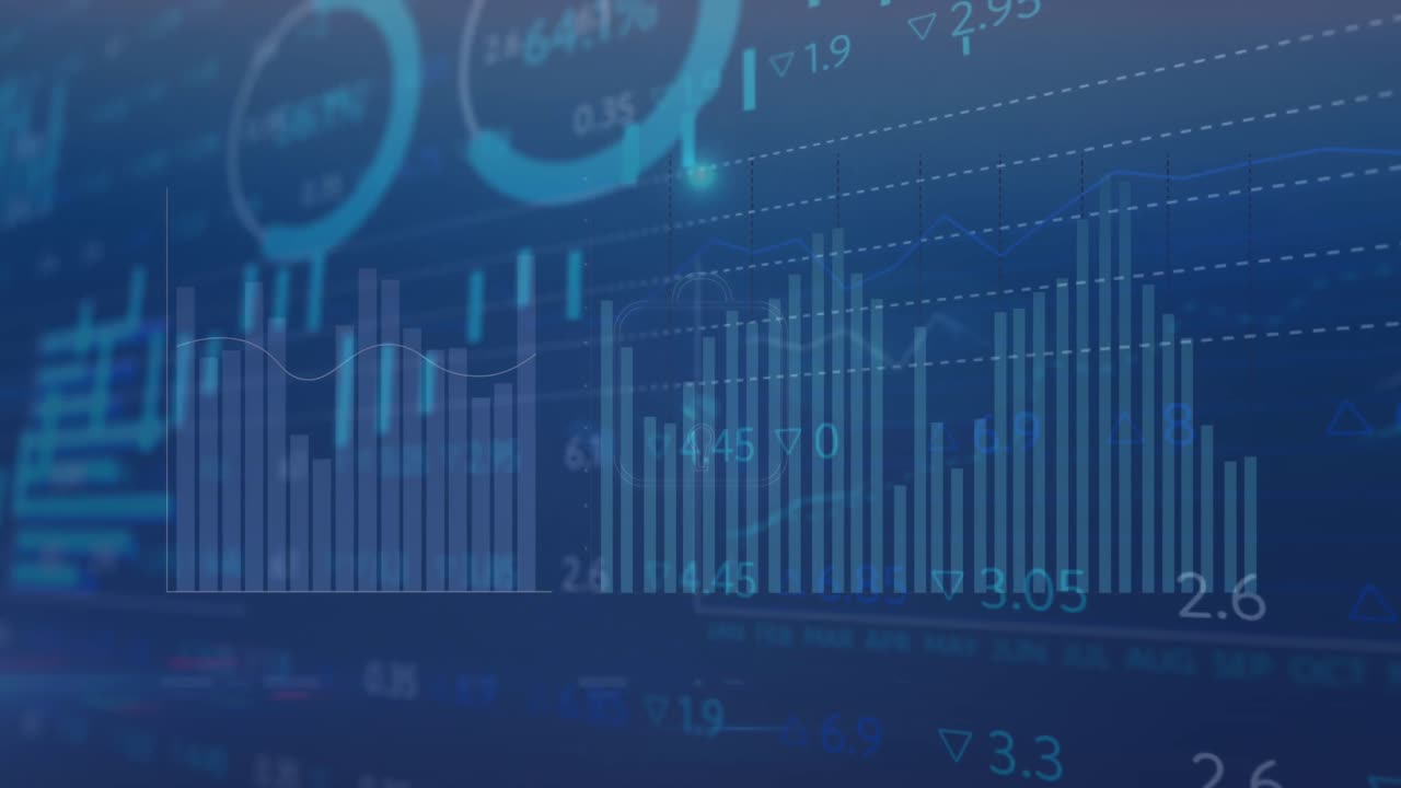 animación del procesamiento de datos estadísticos sobre el icono del botón de la batería brillante contra un fondo azul.