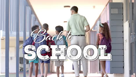 animation of back to school text over diverse schoolchildren walking with male teacher