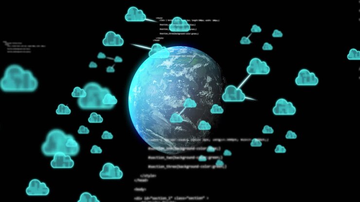 Animasi ikon awan dan pemrosesan data di atas globe