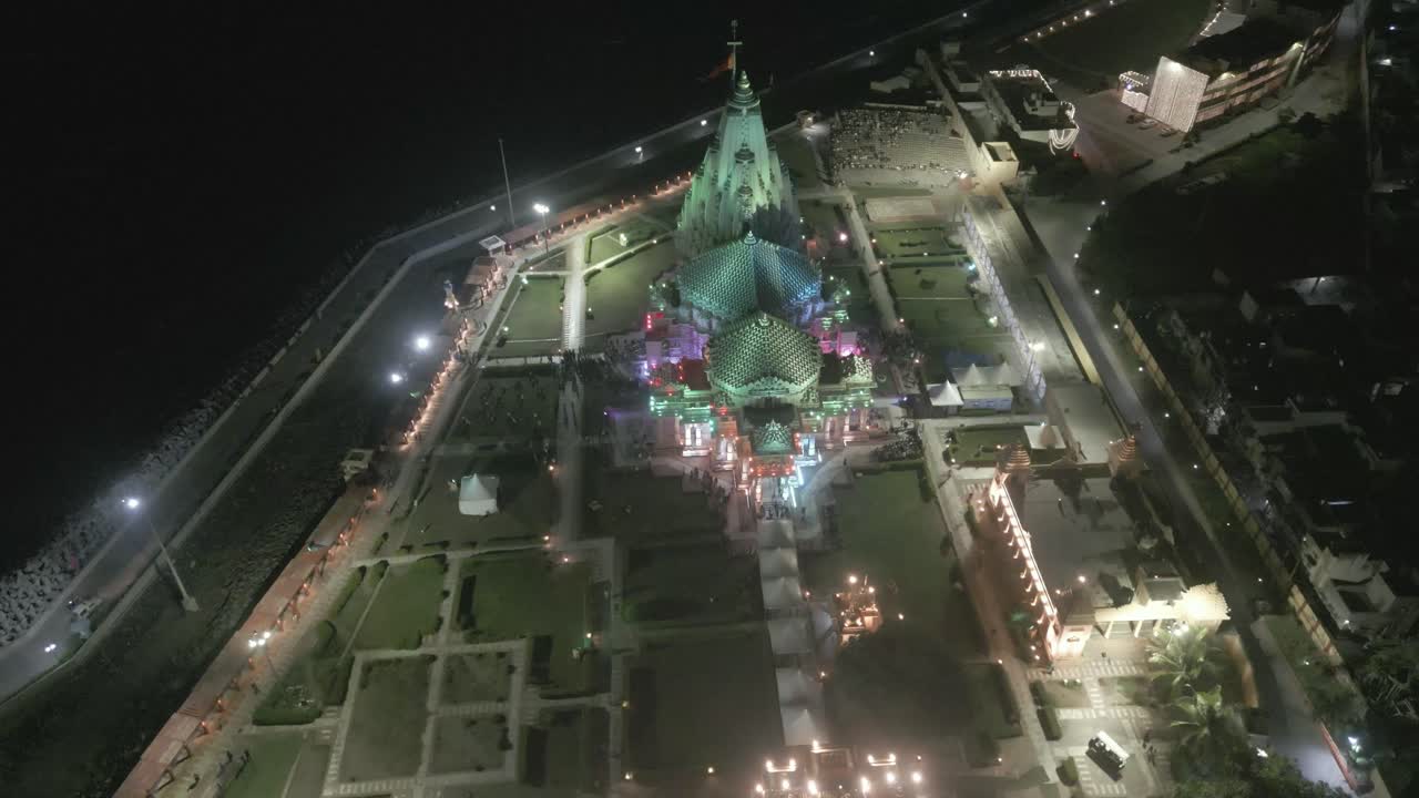 Aerial View of Illuminated Temple at Night in India