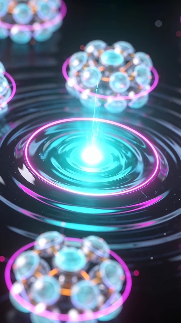 Video verticale: Sfera turchese pulsante che invia un raggio ciano ad altre sfere, immettendo energia in una pozza nera.