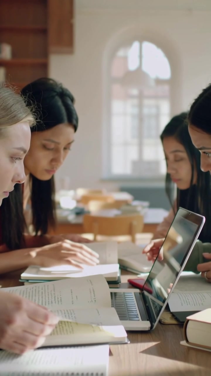 Vertical video: Starting session four students reading books and using laptop in library for study