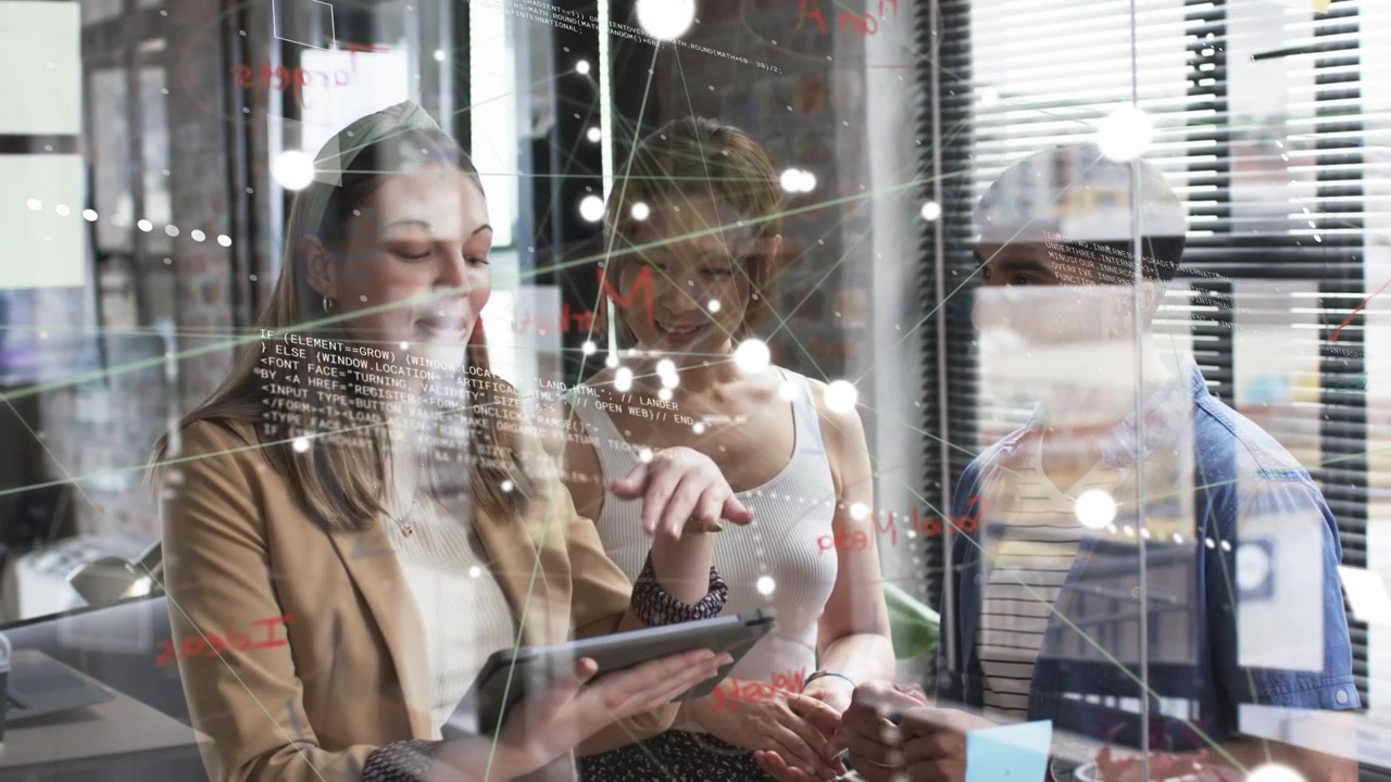Left woman taking tablet, swiping, center pointing, man using phone, tech nodes and code for review