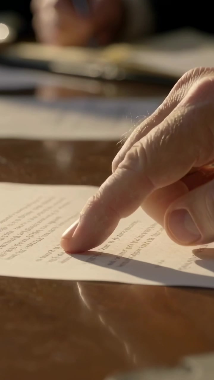 Vertical video: Entering right hand, dark cuff tracing, pointing page on meeting table to review