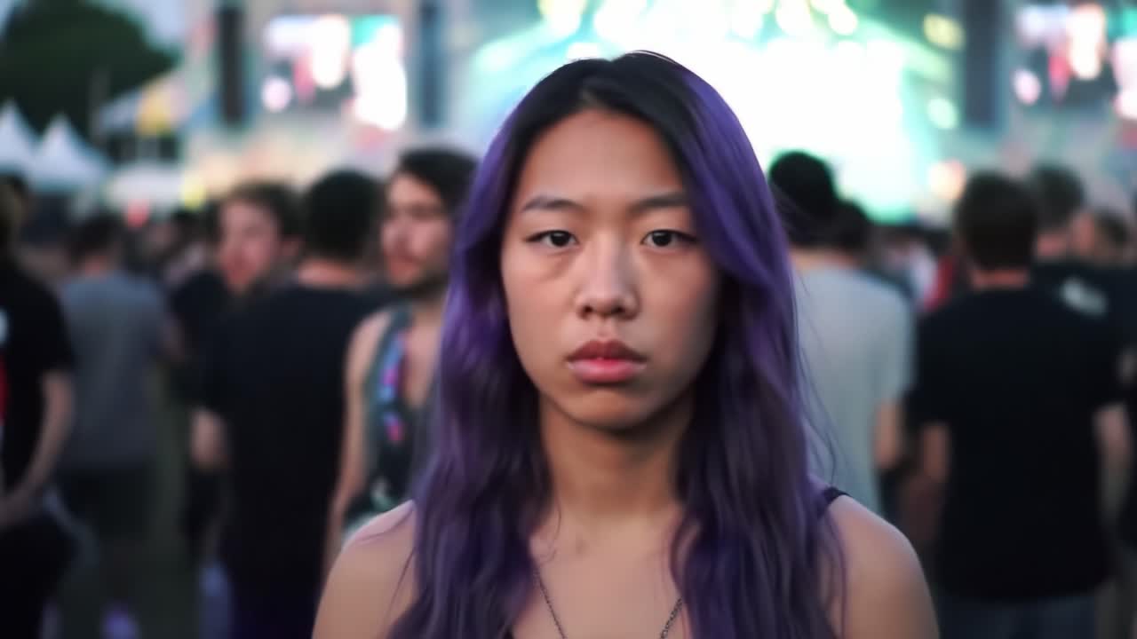 A young woman with purple hair stands in a crowd at an outdoor festival. Surrounding her are attendees enjoying the vibrant atmosphere and colorful light displays during a lively evening.