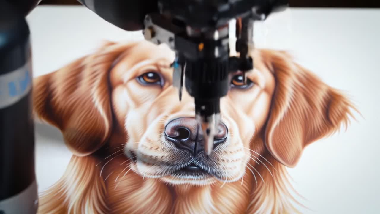 A Robotic Arm Skillfully Creates Detailed Portraits of a Golden Retriever, Capturing Intricate Features and Lifelike Textures in Artistry