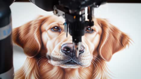 a robotic arm skillfully creates detailed portraits of a golden retriever, capturing intricate features and lifelike textures in artistry