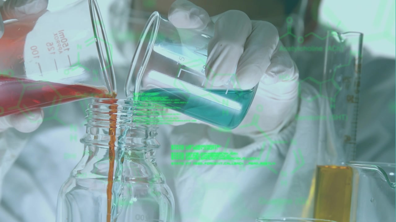 Animation of medical data processing over mid section of scientist working at laboratory