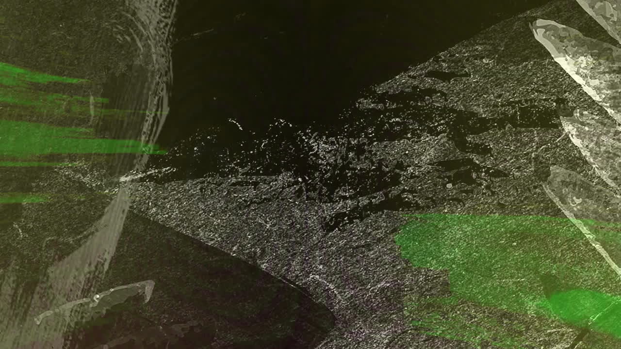 Animation of digital landscape with green and white textures on dark background