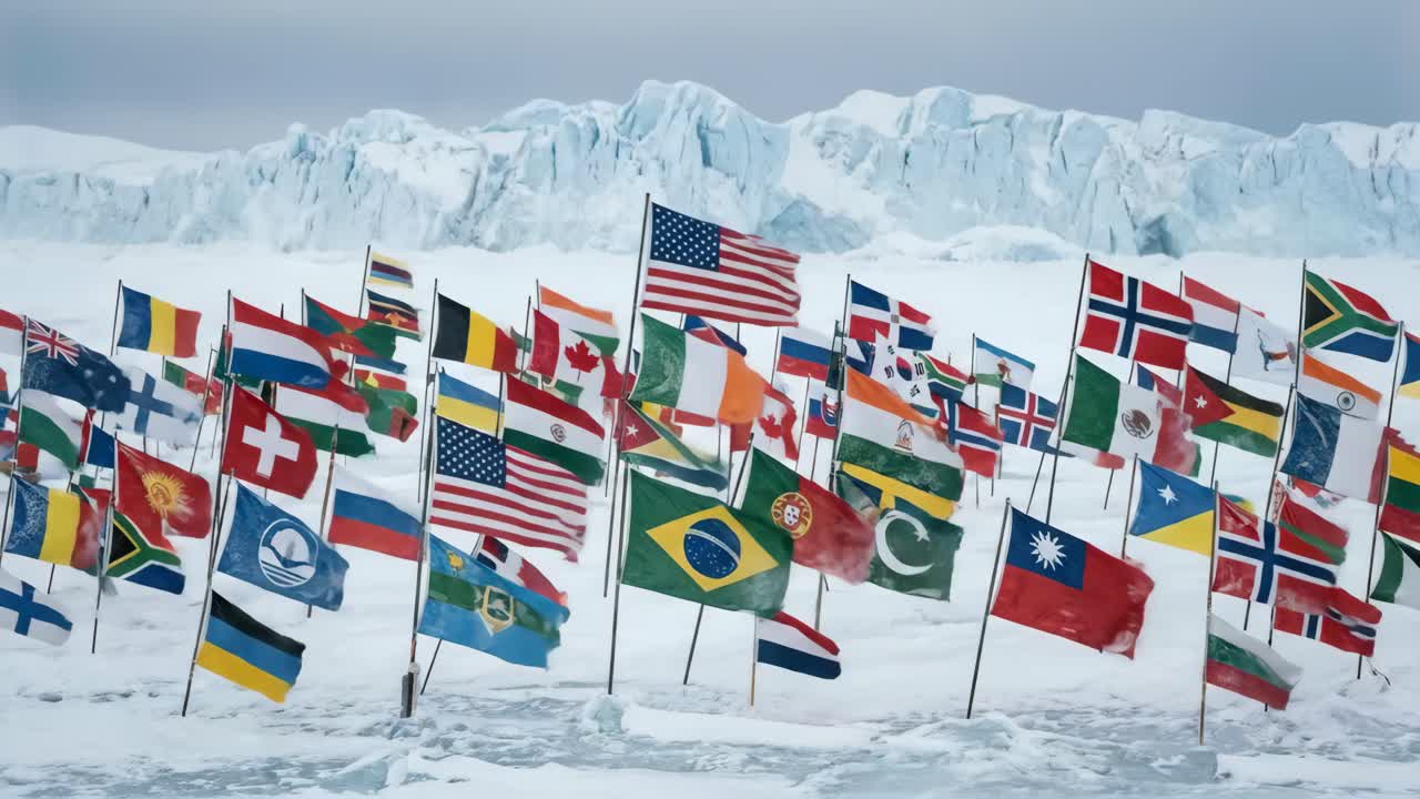 International Flags Waving in a Snowy Arctic Landscape with Mountains