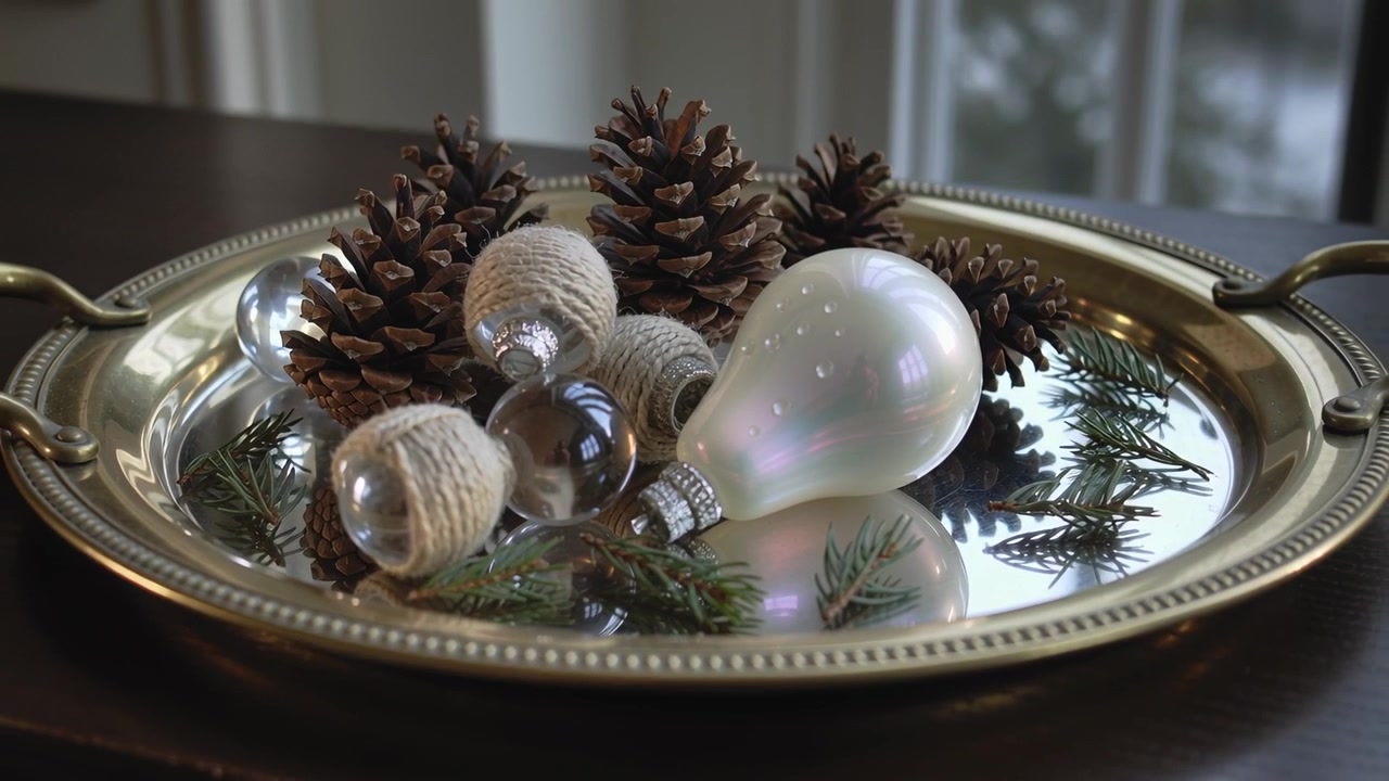 Pulling back camera revealing silver tray on dark wood table to show pinecones and teardrop bauble