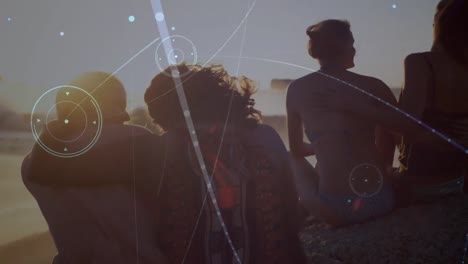 animación de conexiones sobre mujeres diversas divirtiéndose en la playa al atardecer