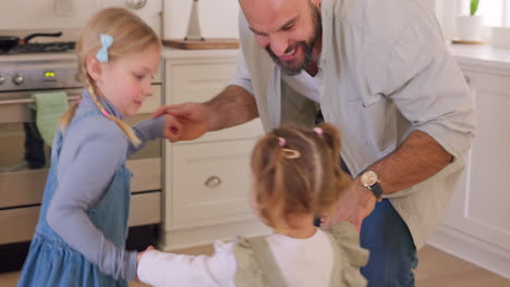 kitchen, children and dad dance for happy bonding