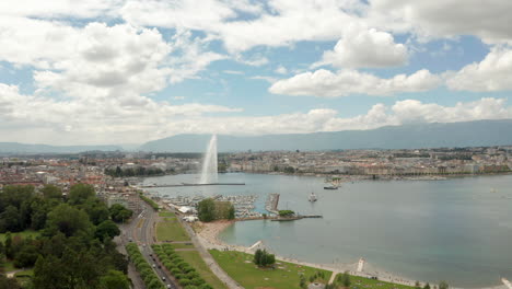 Toma-Aérea-Ascendente-De-Ginebra-En-El-Lado-Del-Lago