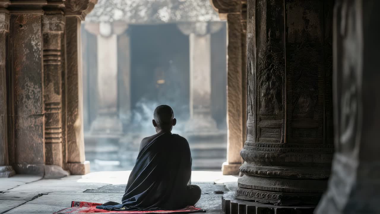 Monk Meditating in Angkor Wat Temple