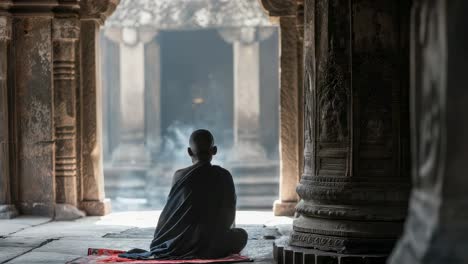 monk meditating in angkor wat temple
