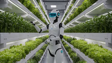 a futuristic robot cultivating fresh produce in a high-tech vertical farming environment: embracing robotics for sustainable agriculture