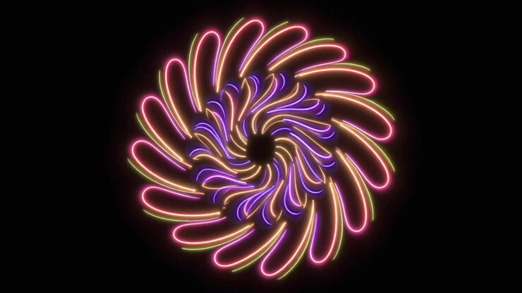 Animação de Flor Abstrata Neon Girando em Fundo Preto