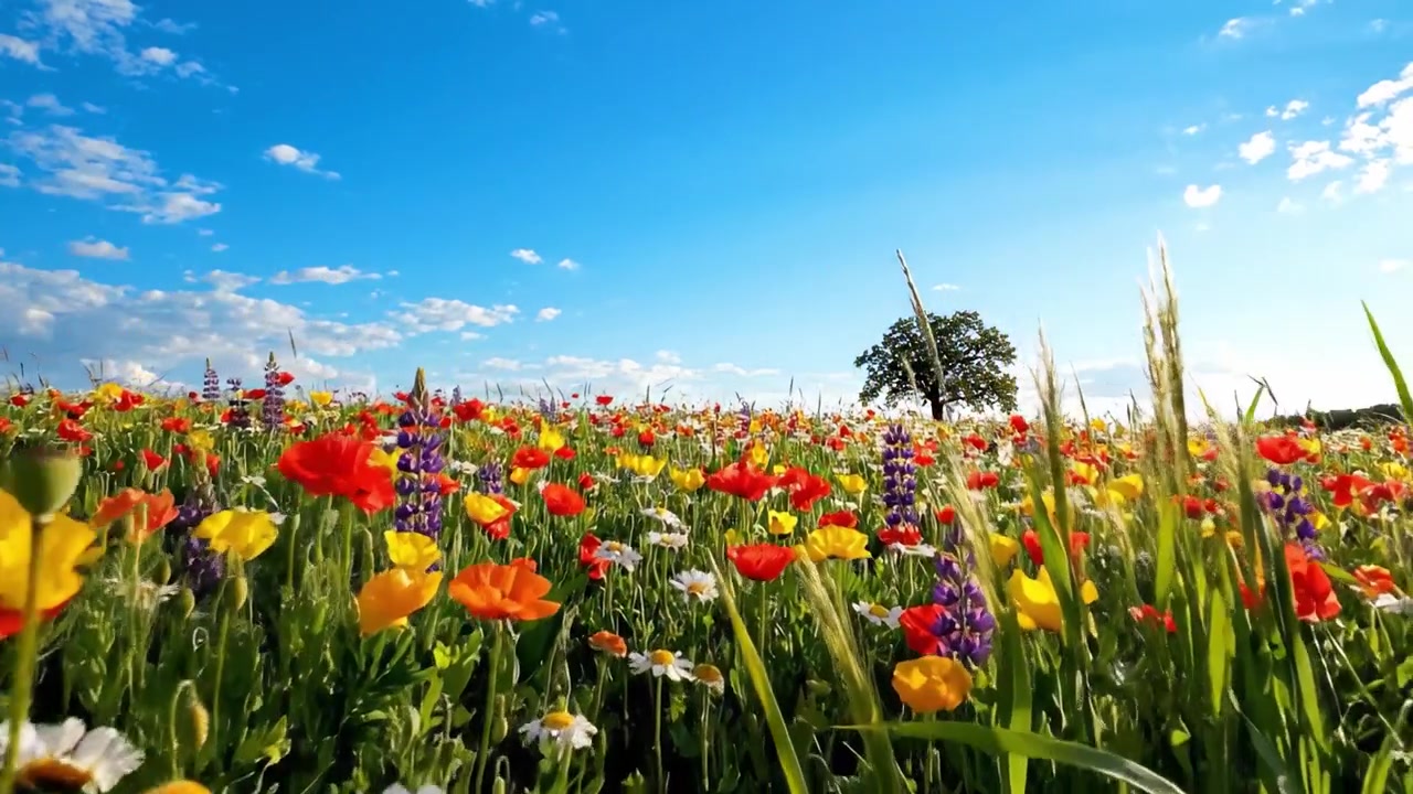 Un prato vibrante e colorato pieno di fiori selvatici, che mostra una variegata tavolozza di fioriture e la serenità della natura sotto un cielo azzurro brillante.