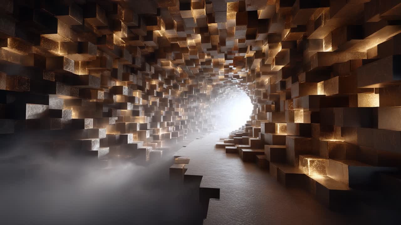 A Mysterious Tunnel of Light and Shadows: Exploring the Intricate Geometry of a Surreal Architectural Structure with Glowing Cubes and Ethereal Atmosphere