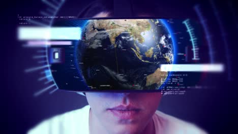 Handsome young man wearing VR headset and experiencing virtual reality.