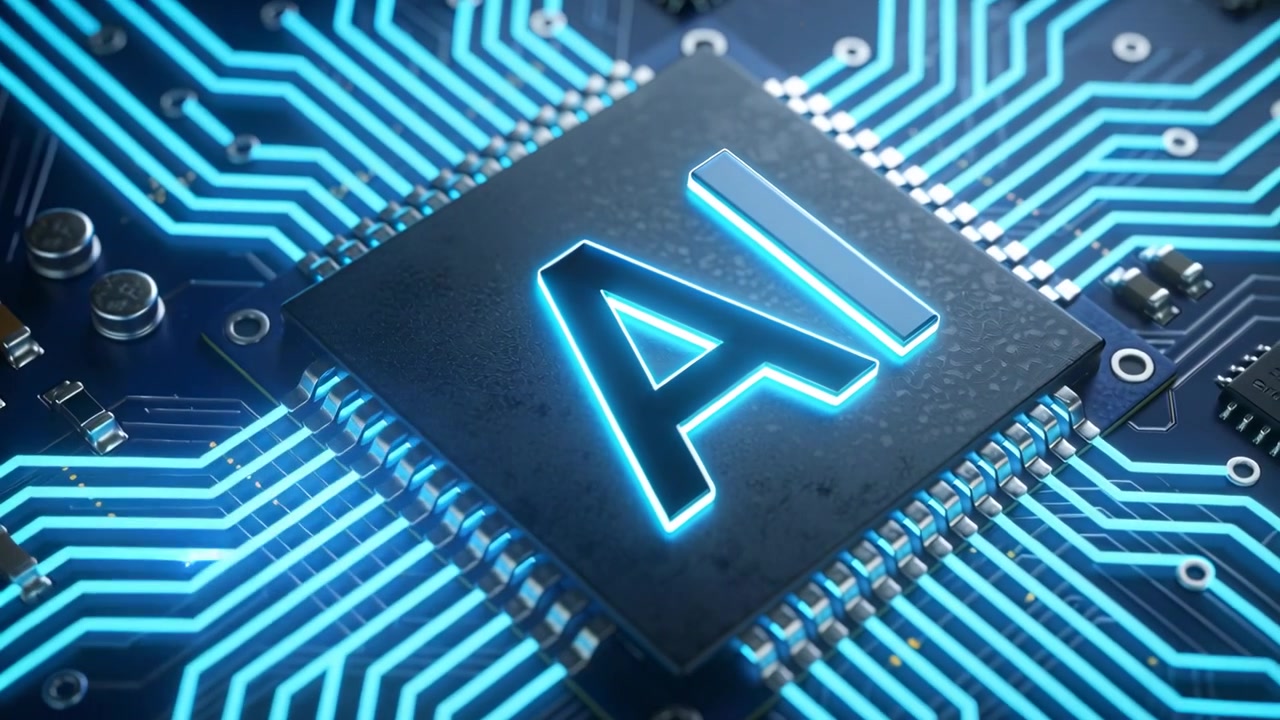 マイクロチップに近づくカメラが、青い配線、ピン、部品と共にPCB上に金属製のAI文字を現す。