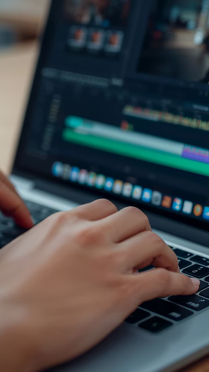 Vertical video: Pressing keys moving playhead, editor hands editing timeline on laptop at desk