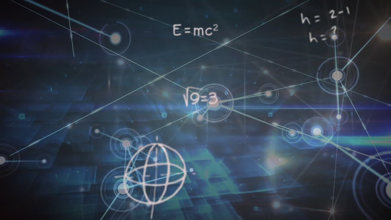 추상적인 배경에 있는 렌즈 플레어와 연결된 점 위에 수학적 방정식의 애니메이션