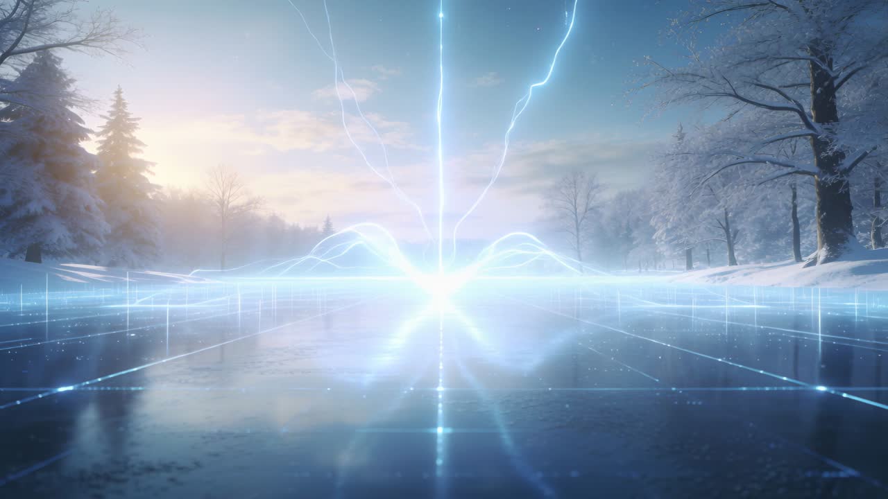 Building central energy core sending wave arcs across frozen lake at sunrise, as beam descending