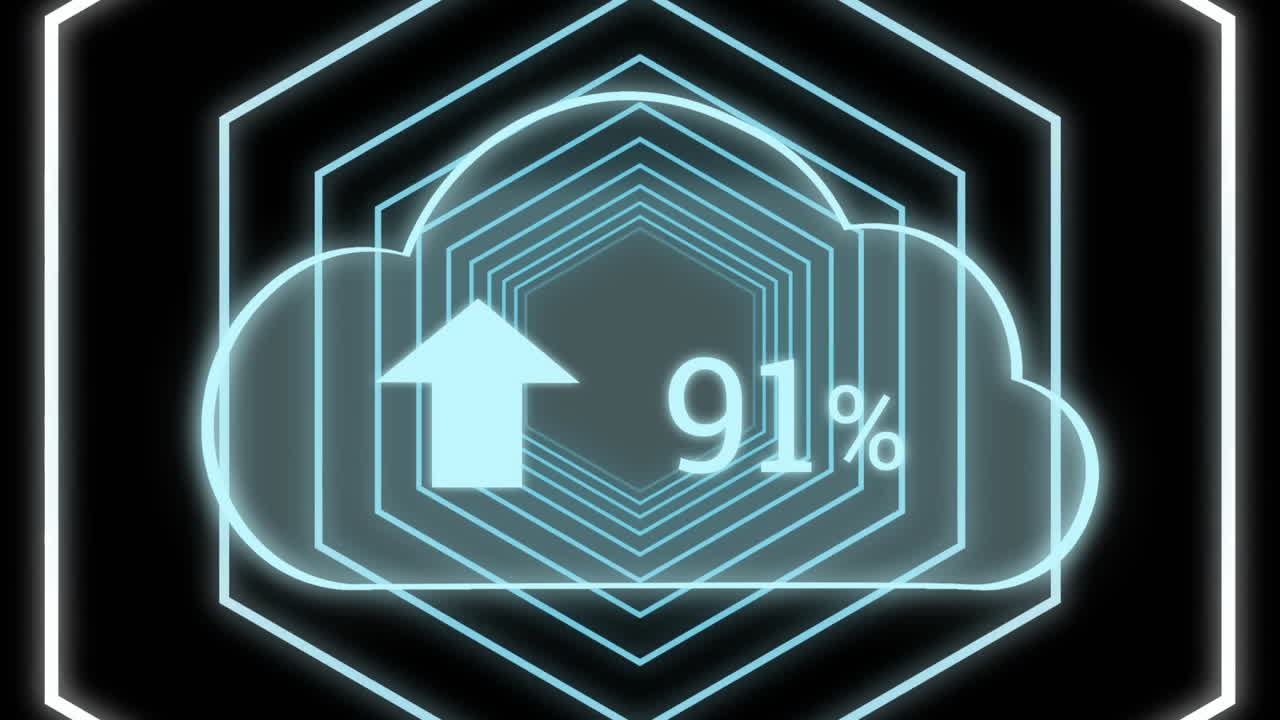 네온 육각형 위에 점점 더 많은 수를 가진 구름의 애니메이션