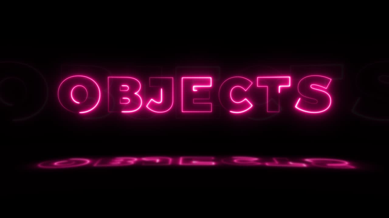 la palabra "objetos" de neón brillando sobre un fondo negro con reflejos en el suelo. signos de brillo de neón en gráfico de movimiento de bucle sin costuras