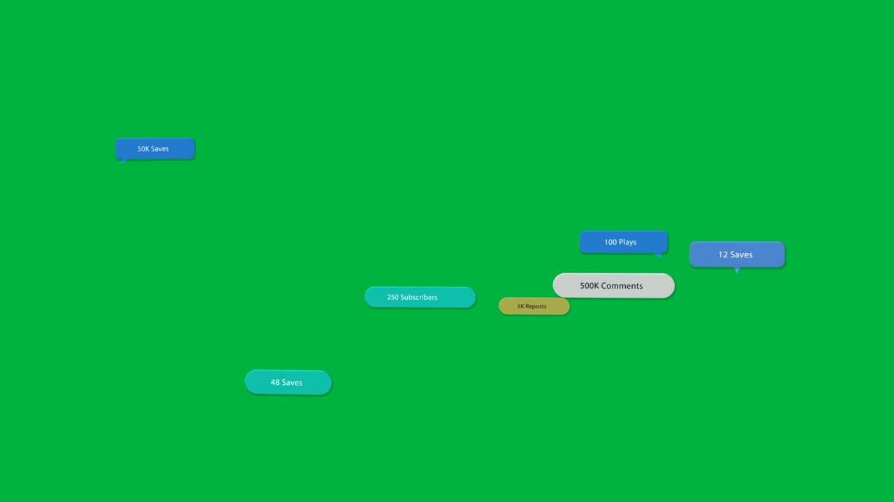 L'apertura di una tela trasparente avvia badge social che scorrono, si raggruppano, si spostano e svaniscono per mostrare statistiche