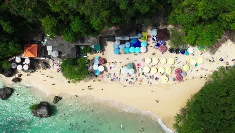 sandy beach with umbrellas, aerial top down view