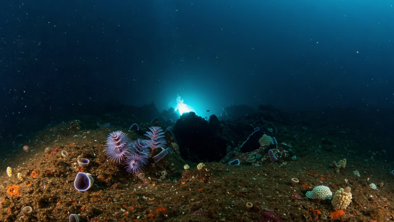 Exploring the Mysterious Underwater World: Vibrant Marine Life and Geological Formations Illuminated by Ethereal Light Beneath the Waves