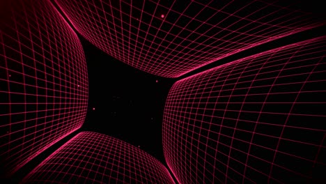 animación de túnel de cuadrícula de alambre inclinada rotación roja con partículas brillantes