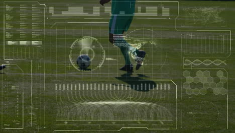 animación del procesamiento de datos sobre las piernas de diversos jugadores de fútbol masculino en el campo deportivo