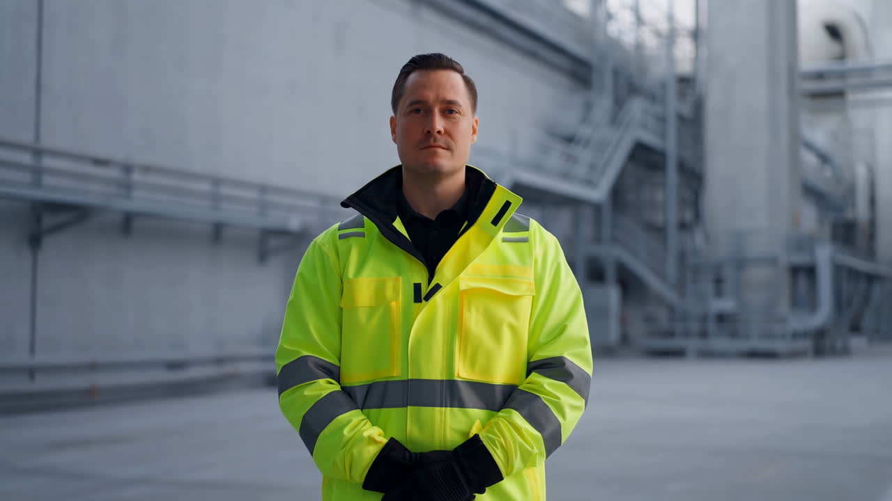 Male Worker In Industrial Plant Wearing Reflective Jacket And Gloves, Standing In Front Of Concrete Silos,