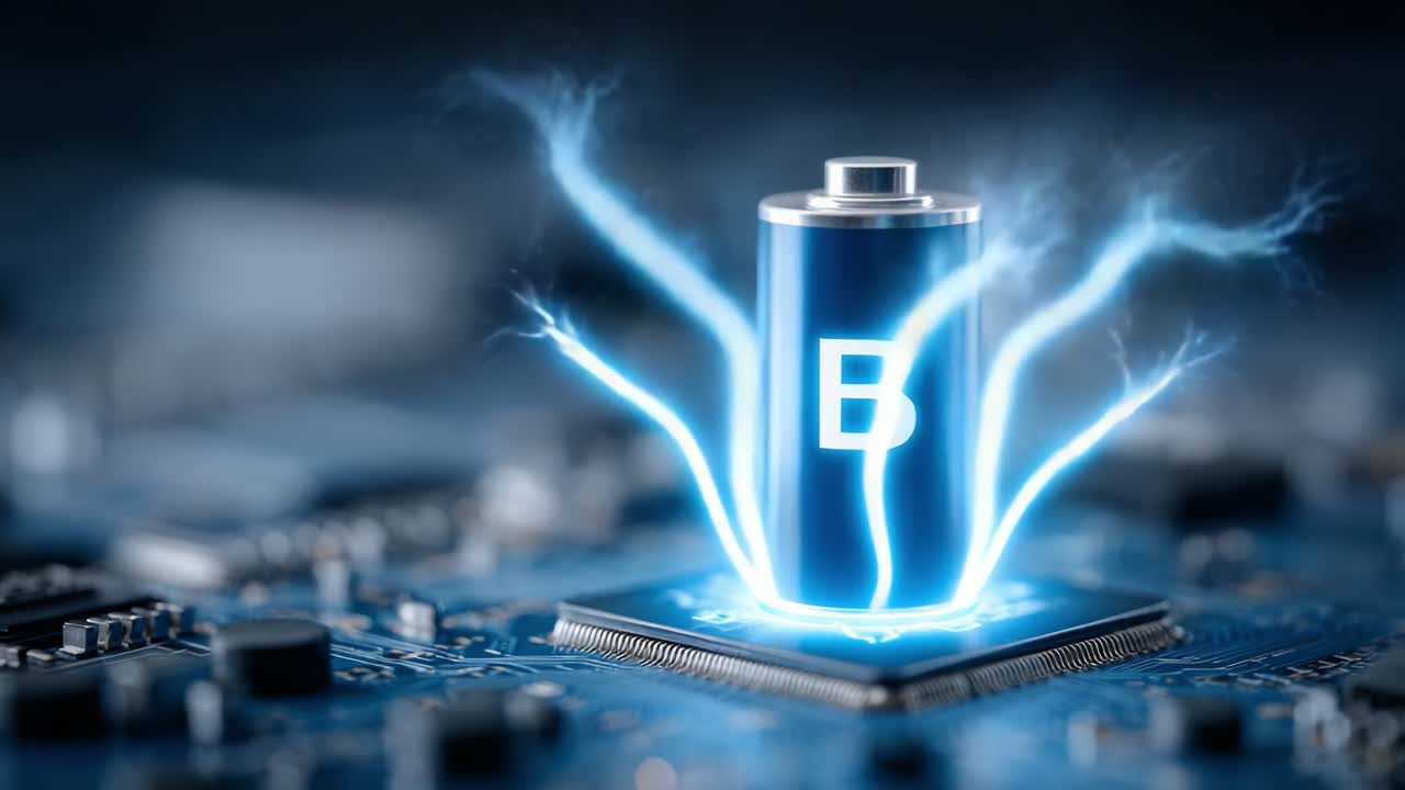 Oleada dinámica de energía: una exploración visual de una batería de alta tecnología cargándose en una placa de circuito, iluminada por chispas eléctricas en un entorno digital de vanguardia.