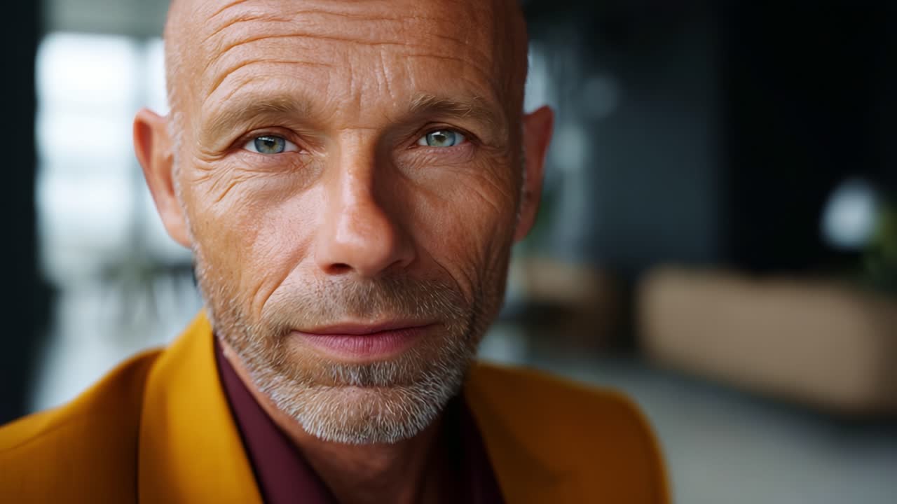 A thoughtful portrait of a middle-aged man with striking blue eyes and a confident demeanor, showcasing personal style in a contemporary indoor setting