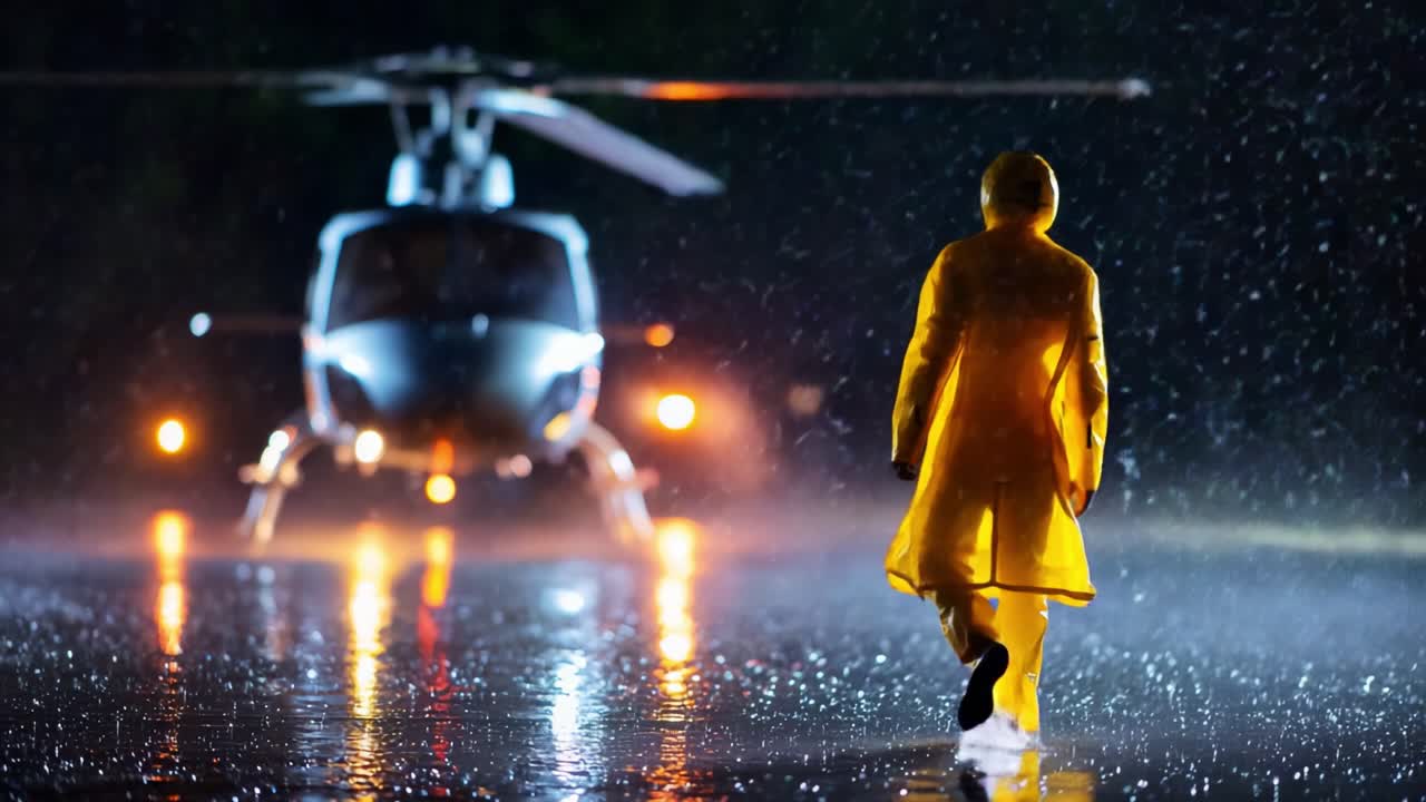 A figure in a yellow raincoat walks toward a helicopter amidst pouring rain, creating a dramatic scene filled with reflections and a sense of urgency and adventure under moody lighting