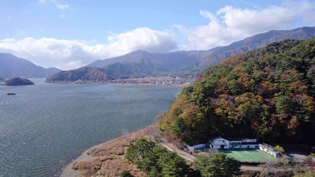 Aerial landscape of Lake Kawaguchi in Japan surrounded by autumn-colored trees and mountains