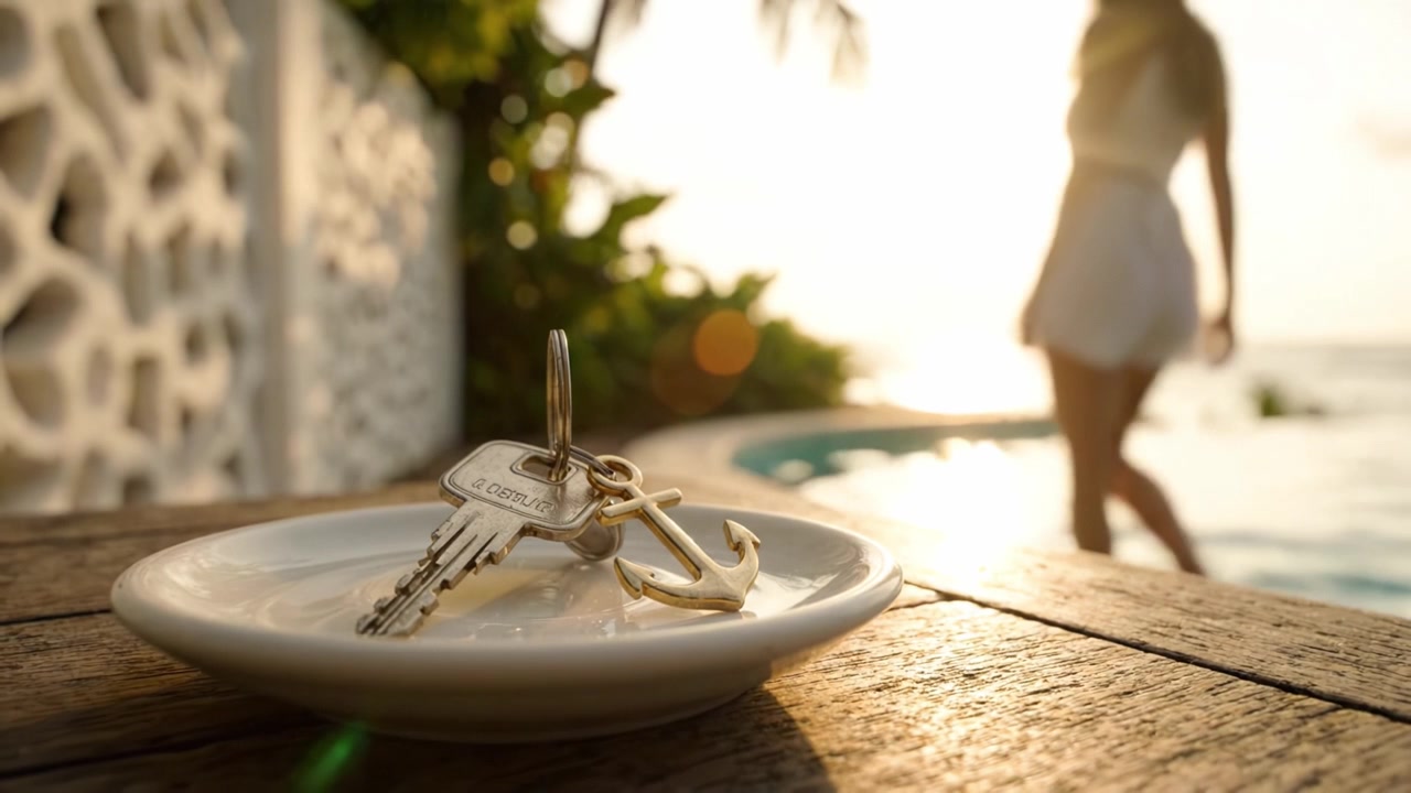 Un'ambientazione serale tranquilla con chiavi e un'ancora su un piatto, immersa nella morbida luce del tramonto, vicino a una superficie d'acqua calma e con una vegetazione lussureggiante sullo sfondo.